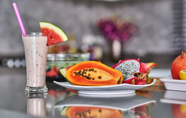 Glass, lemon, Breakfast, watermelon, garnet, smoothies with yogurt, exotic fruits