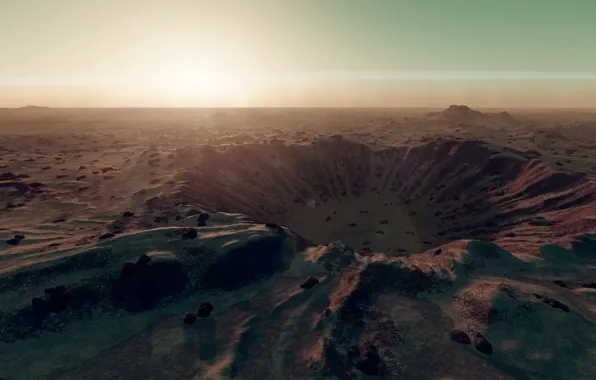 The sky, snow, landscape, desert, planet, crater, starfield