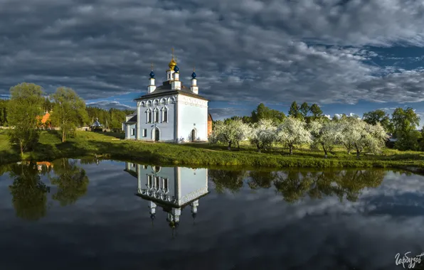 Picture water, landscape, clouds, nature, reflection, spring, garden, temple