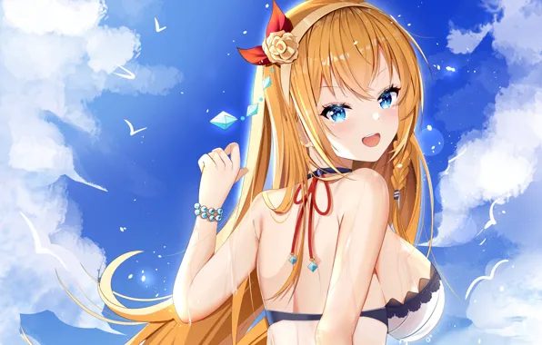 Girl, sexy, wet, cleavage, long hair, boobs, anime, blue eyes