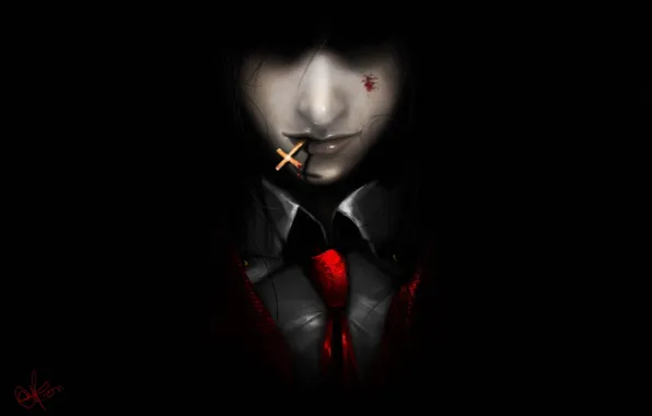 The dark background, blood, the demon, art, tie, vampire, guy, Hellsing
