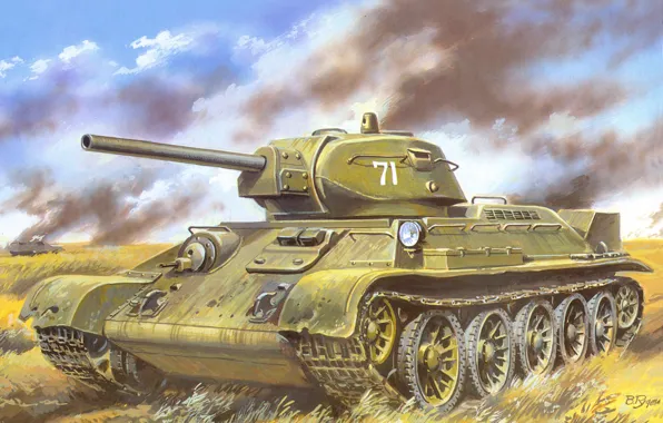 Field, smoke, figure, battle, art, tank, Soviet, average