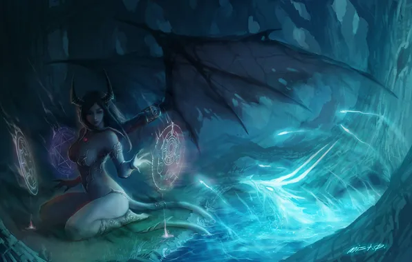 Forest, girl, magic, wings, spirit, art, horns, demoness