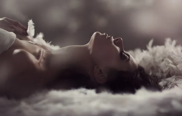 Girl, feathers, brunette, profile