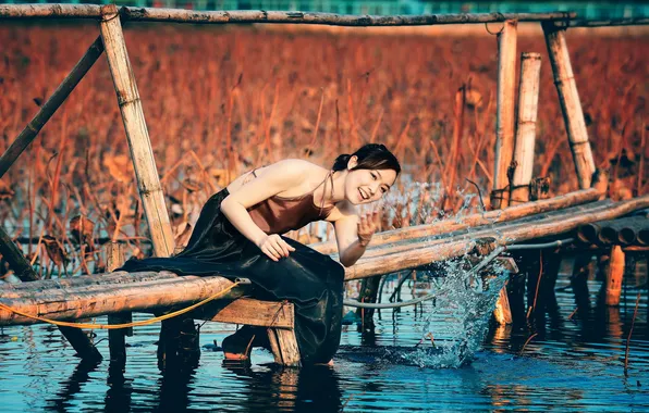 Girl, bridge, river, Asian
