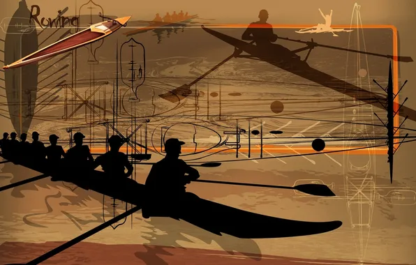 Picture abstraction, collage, Wallpaper, boat, vector, silhouette, rowing, Rowing