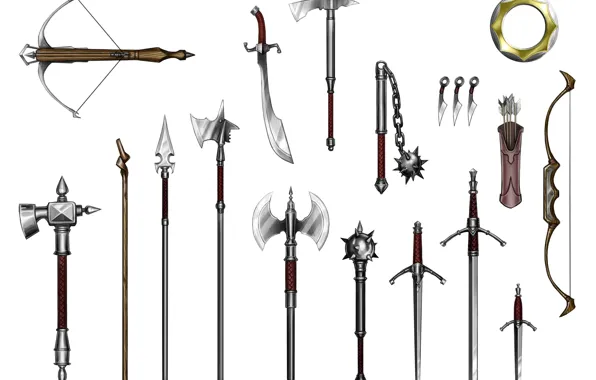 Spears, crossbow, quiver, mace, flail, long sword, scimitar, was hammer