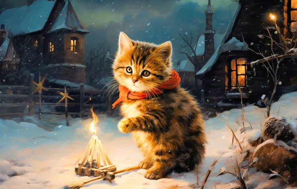 Cat, look, night, pose, kitty, the fire, red, Christmas