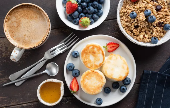 Berries, table, dishes, pancakes