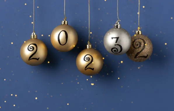 Balls, holiday, figures, New year, gold plated, gold, blue background, date