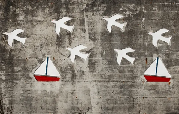 Picture birds, wall, ships