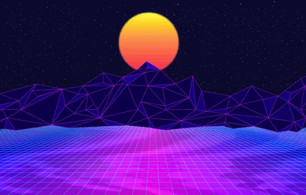 Picture The sun, Mountains, Music, Space, 80s, Neon, 80's, Synth