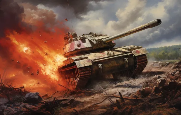 Picture Fire, Tank, Digital art, AI art, The Art of Artificial Intelligence, Neural network, A damaged …