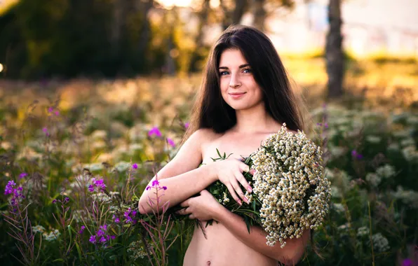 Picture summer, girl, flowers, smile, shy, Julia