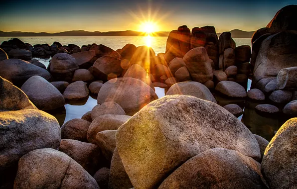 Picture the sun, sunset, stones, shore, Bay, boulders