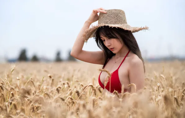 Field, swimsuit, hat, Asian