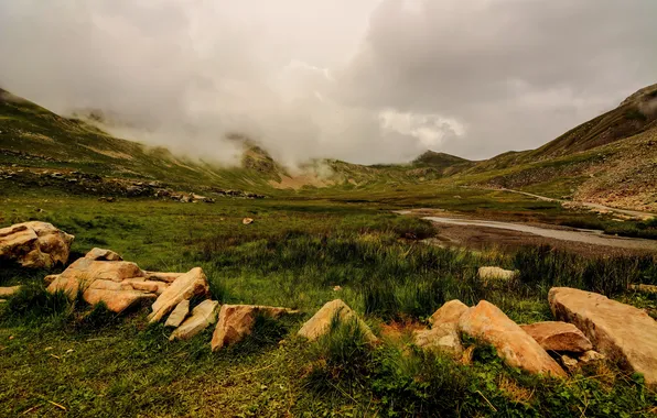 Grass, clouds, mountains, stones, France, Alps, Alpes
