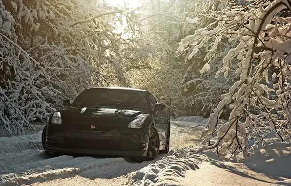 Winter, landscape, Nissan GT-R, black.