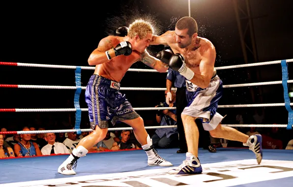 Picture squirt, lighting, blow, the ring, men, sweat, the audience, boxing