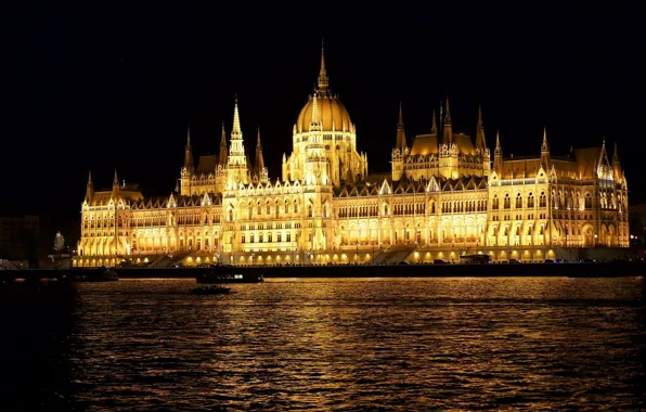 Night, river, the building, Hungary, Budapest