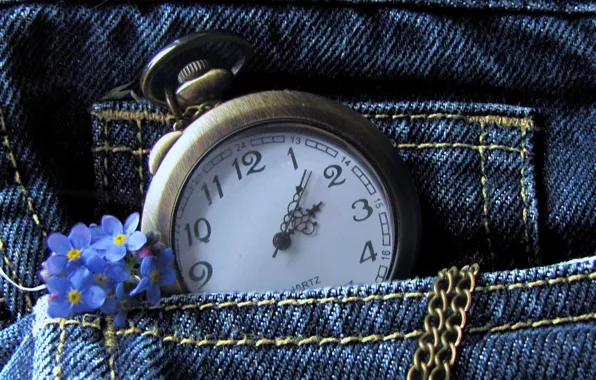 Picture flowers, watch, jeans, chain, pocket