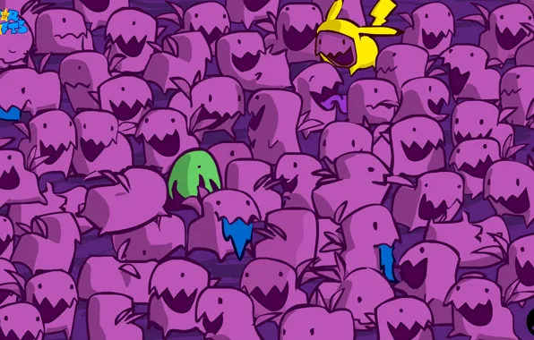 Purple, green, teeth, Pikachu, ears, crank, purple, star crafts