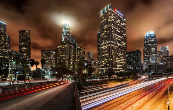 Night, the city, lights, road, home, skyscrapers, Los Angeles