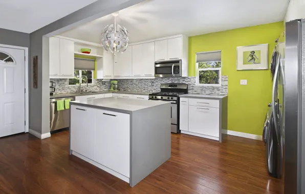 Furniture, kitchen, plate, chandelier, cabinets