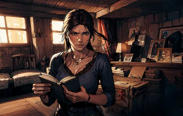 Girl, room, art, book, Lara Croft