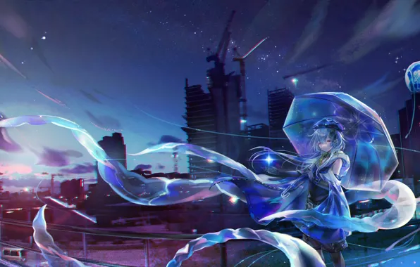Girl, night, the city, umbrella, fantasy, jellyfish, Mizuki, Arknights