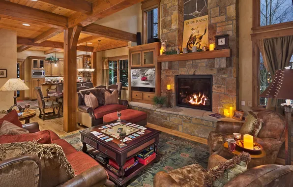 Design, style, heat, interior, Colorado, kitchen, fireplace, living room