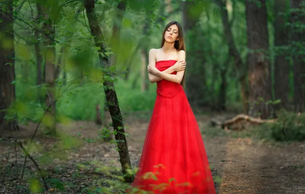 Picture forest, summer, girl, red, nature, pose, photo, dress