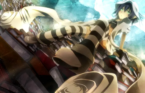The sky, girl, clouds, books, stockings, hat, anime, shoes