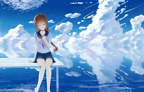 The sky, water, girl, clouds, reflection, anime, art, braid