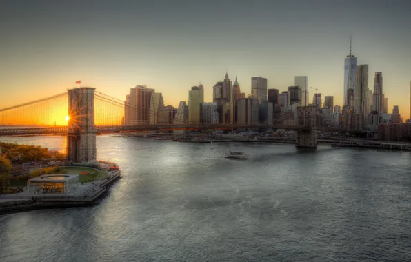 Picture United States, sunset, Brooklyn, Manhattan, Brooklyn Bridge, One World Trade Center, 1WTC, OWTC