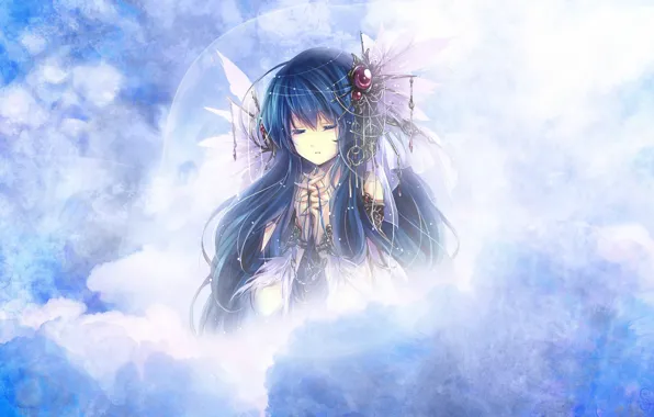 Girl, decoration, blue hair, prayer, closed eyes
