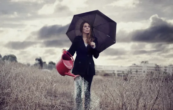 Field, girl, the situation, umbrella