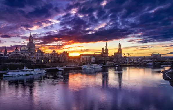 The sky, water, clouds, sunset, bridge, the city, river, Dresden