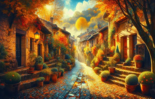 Autumn, light, trees, the city, street, tile, building, home