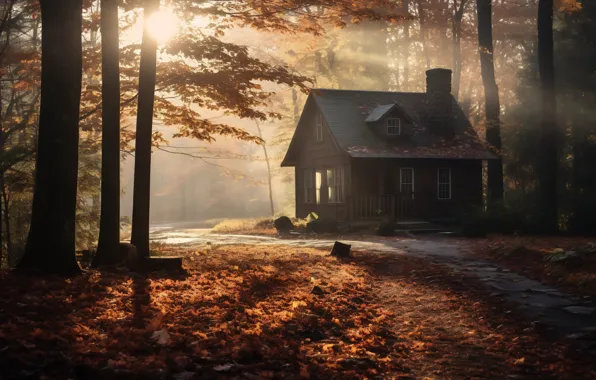 Autumn, forest, the sun, light, trees, fog, house, Park