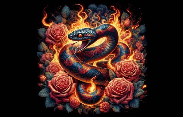 Flowers, fire, roses, snake, snakes, black background, AI art, neural network