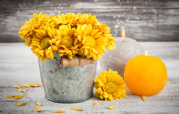 Bouquet, candles, yellow, bucket, composition, Chrysanthemum