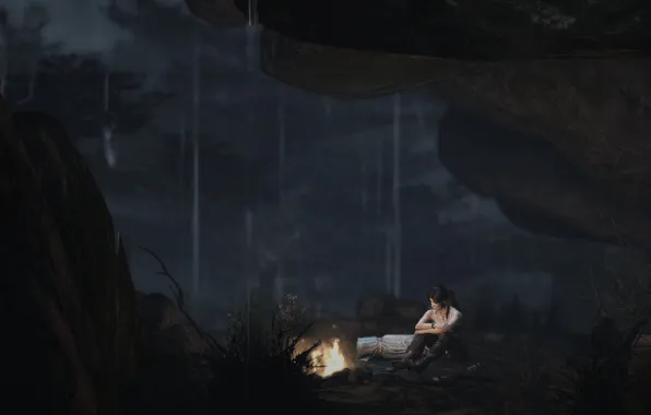 Mountain, the fire, cave, Lara Croft, campfire, screenshot, Tomb Raider 2013, screensaver