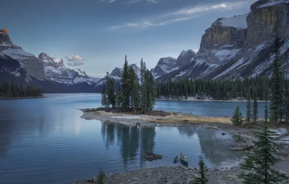 Winter, forest, snow, mountains, lake, reflection, blue, rocks