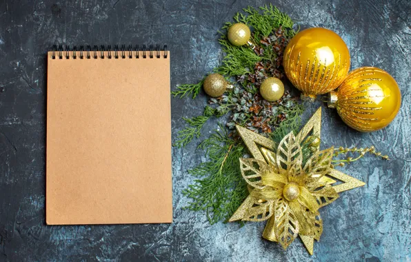 Balls, Christmas, New year, Notepad, Christmas decorations