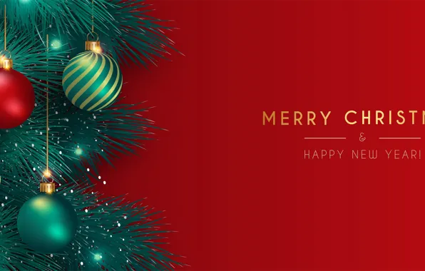 Picture balls, branches, balls, Christmas, New year, red background