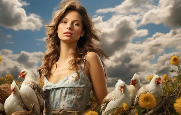 Field, summer, the sky, girl, clouds, flowers, birds, nature