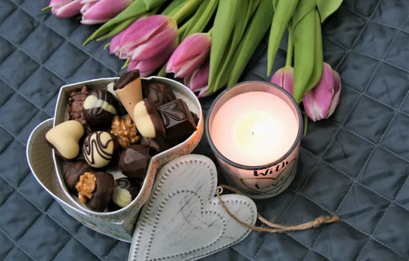 Flowers, box, bouquet, tulips, chocolates