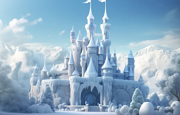 Winter, frost, clouds, snow, trees, mountains, castle, rocks
