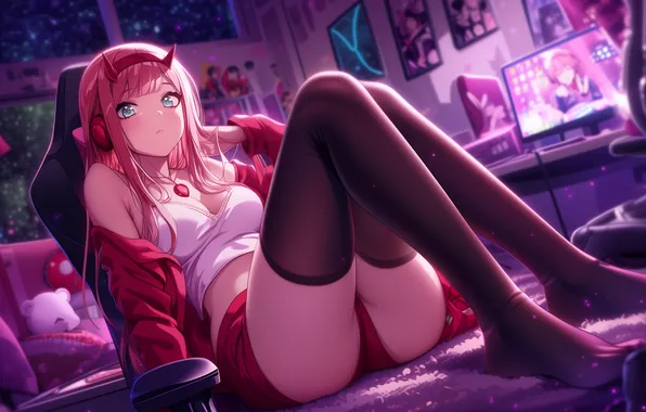 Anime, art, wallpaper, pink hair, pink hair, darling in the franxx, zero two, cute in …